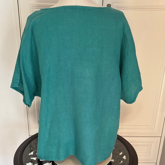 Italian Teal Green Linen-Blend Short Sleeve Top with Side Ring Tie - Picture 3 of 9